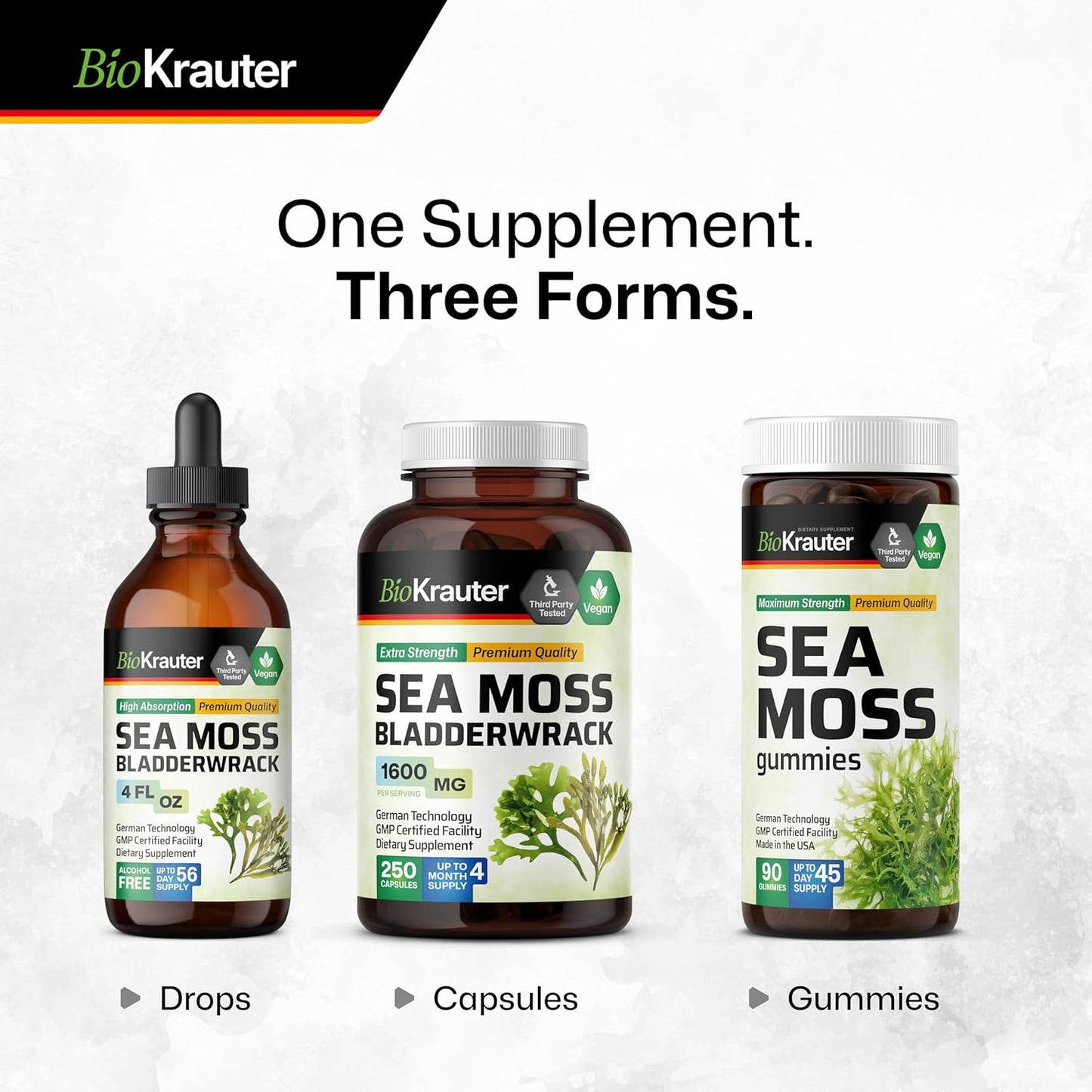 Vegan Irish Sea Moss Capsules 1600 mg - 250 Count - Organic Bladderwrack & Chondrus Crispus Supplement