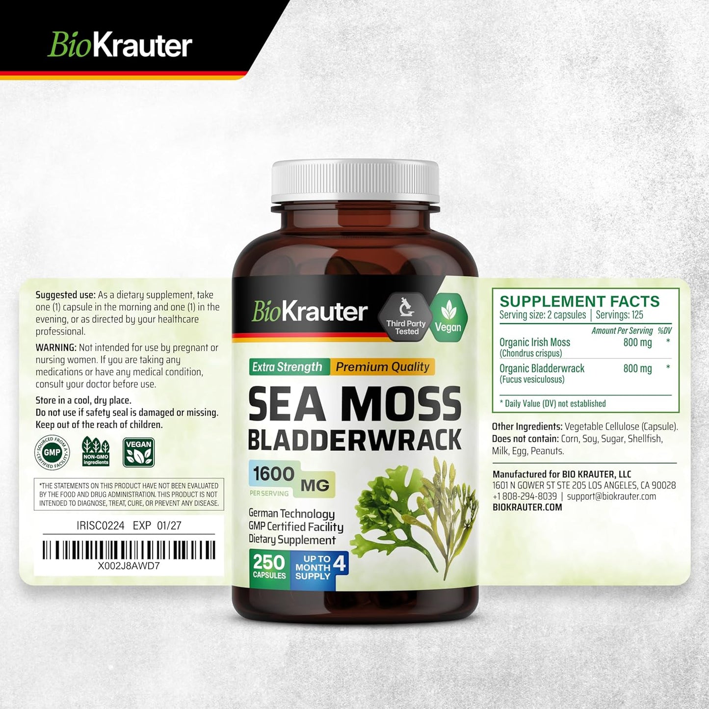 Vegan Irish Sea Moss Capsules 1600 mg - 250 Count - Organic Bladderwrack & Chondrus Crispus Supplement