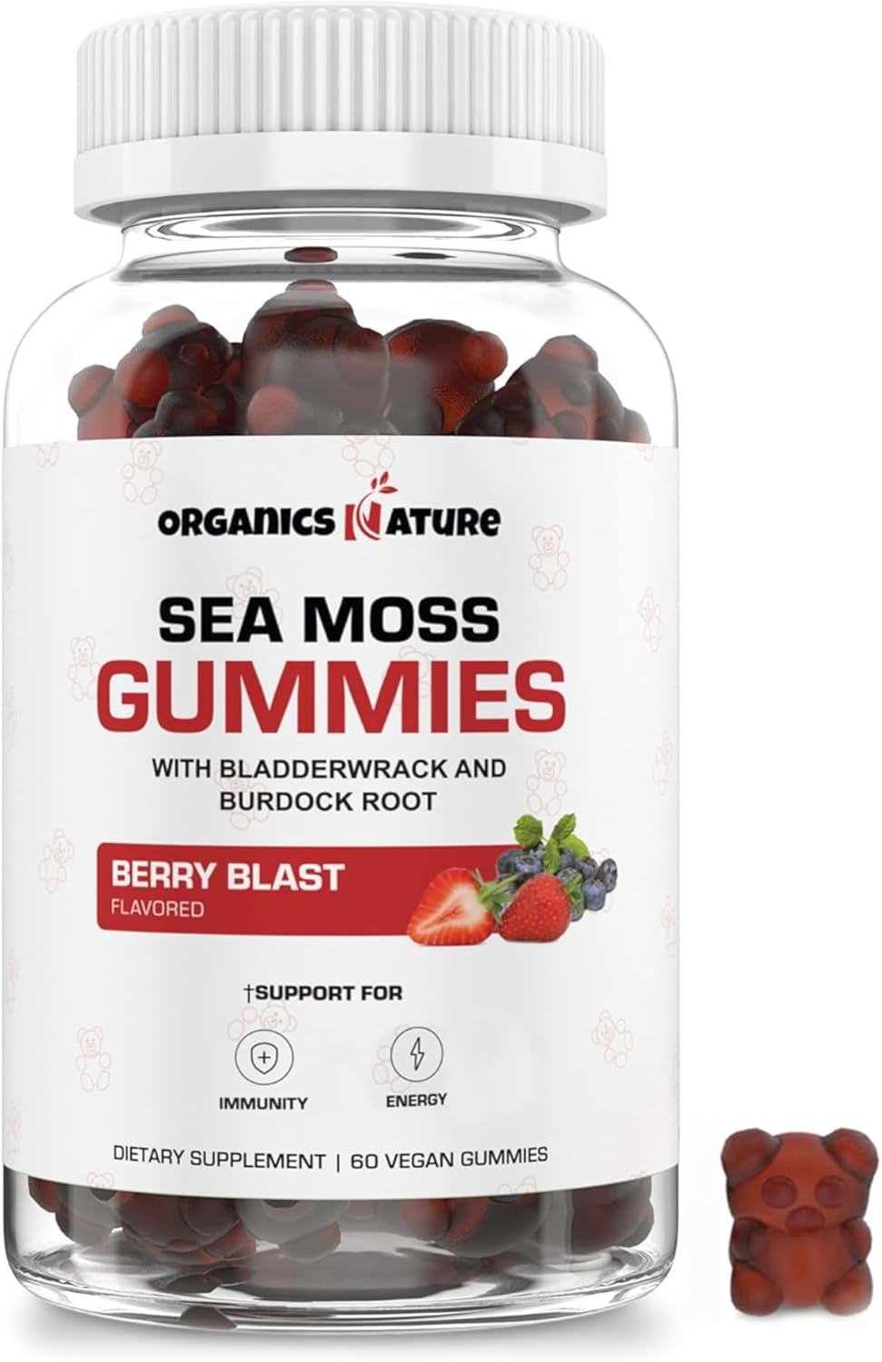 Vegan Irish Sea Moss Gummies for Lung Detox & Immune Support - Berry Flavored, 60 Gummy Bears for Kids & Adults