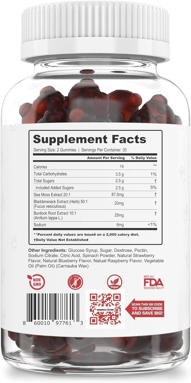 Vegan Irish Sea Moss Gummies for Lung Detox & Immune Support - Berry Flavored, 60 Gummy Bears for Kids & Adults