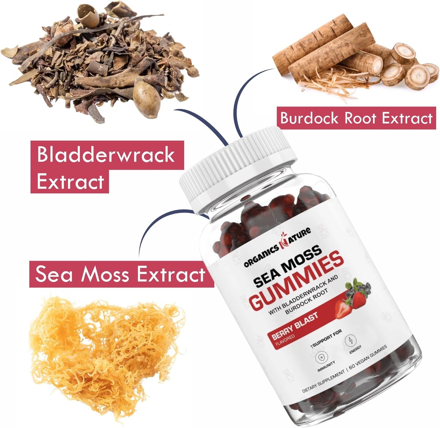 Vegan Irish Sea Moss Gummies for Lung Detox & Immune Support - Berry Flavored, 60 Gummy Bears for Kids & Adults