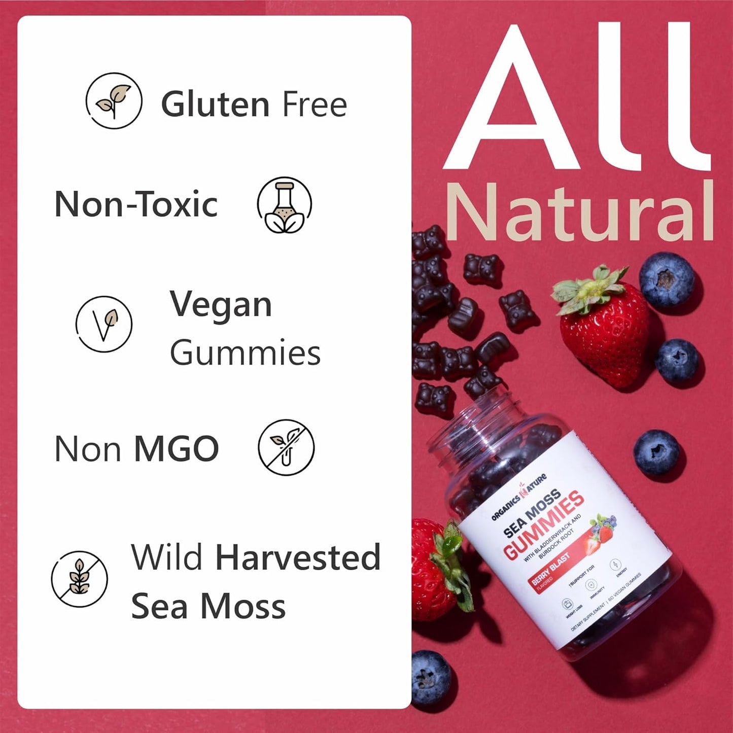 Vegan Irish Sea Moss Gummies for Lung Detox & Immune Support - Berry Flavored, 60 Gummy Bears for Kids & Adults