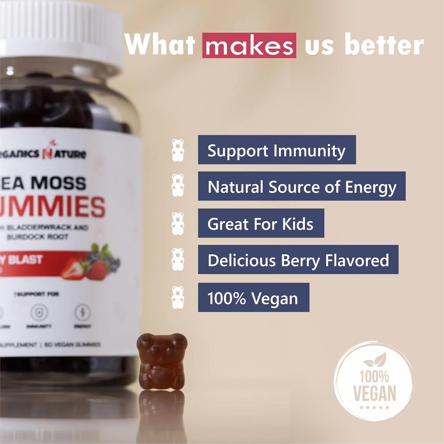 Vegan Irish Sea Moss Gummies for Lung Detox & Immune Support - Berry Flavored, 60 Gummy Bears for Kids & Adults