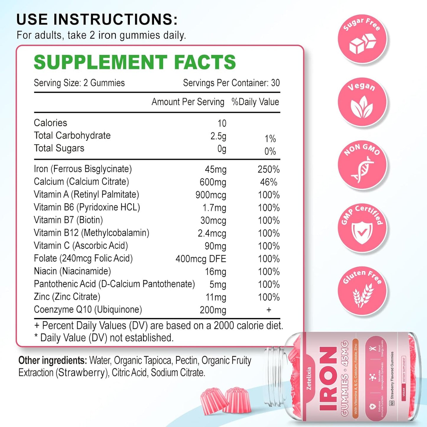 Vegan Iron Gummies for Energy & Anemia Support - Non-GMO, Sugar Free - 60 Count, Men & Women, Vitamin C, A, B Complex, Folate, CoQ10