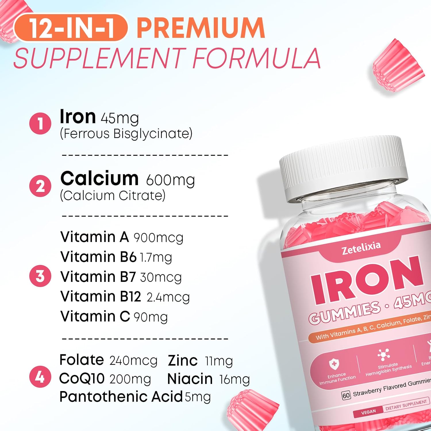 Vegan Iron Gummies for Energy & Anemia Support - Non-GMO, Sugar Free - 60 Count, Men & Women, Vitamin C, A, B Complex, Folate, CoQ10