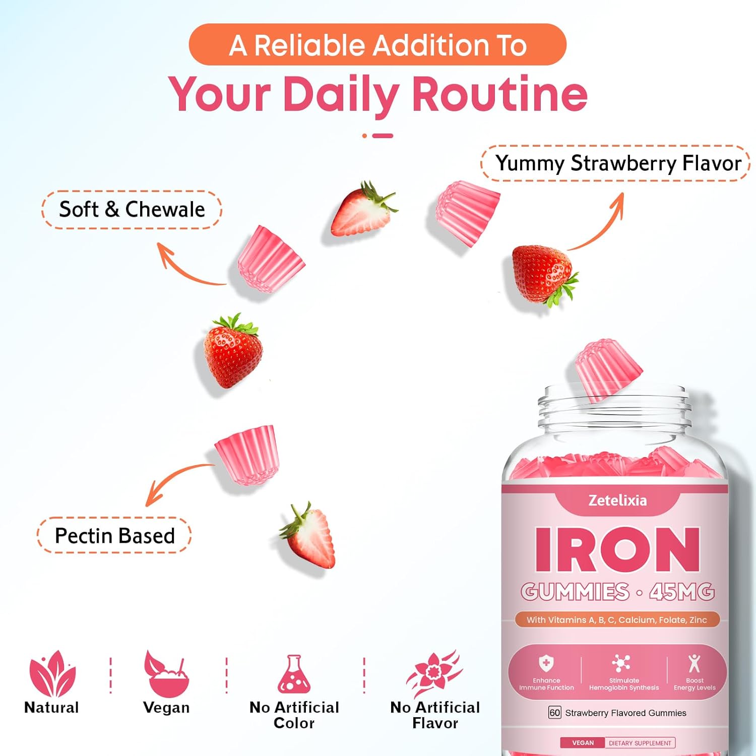 Vegan Iron Gummies for Energy & Anemia Support - Non-GMO, Sugar Free - 60 Count, Men & Women, Vitamin C, A, B Complex, Folate, CoQ10