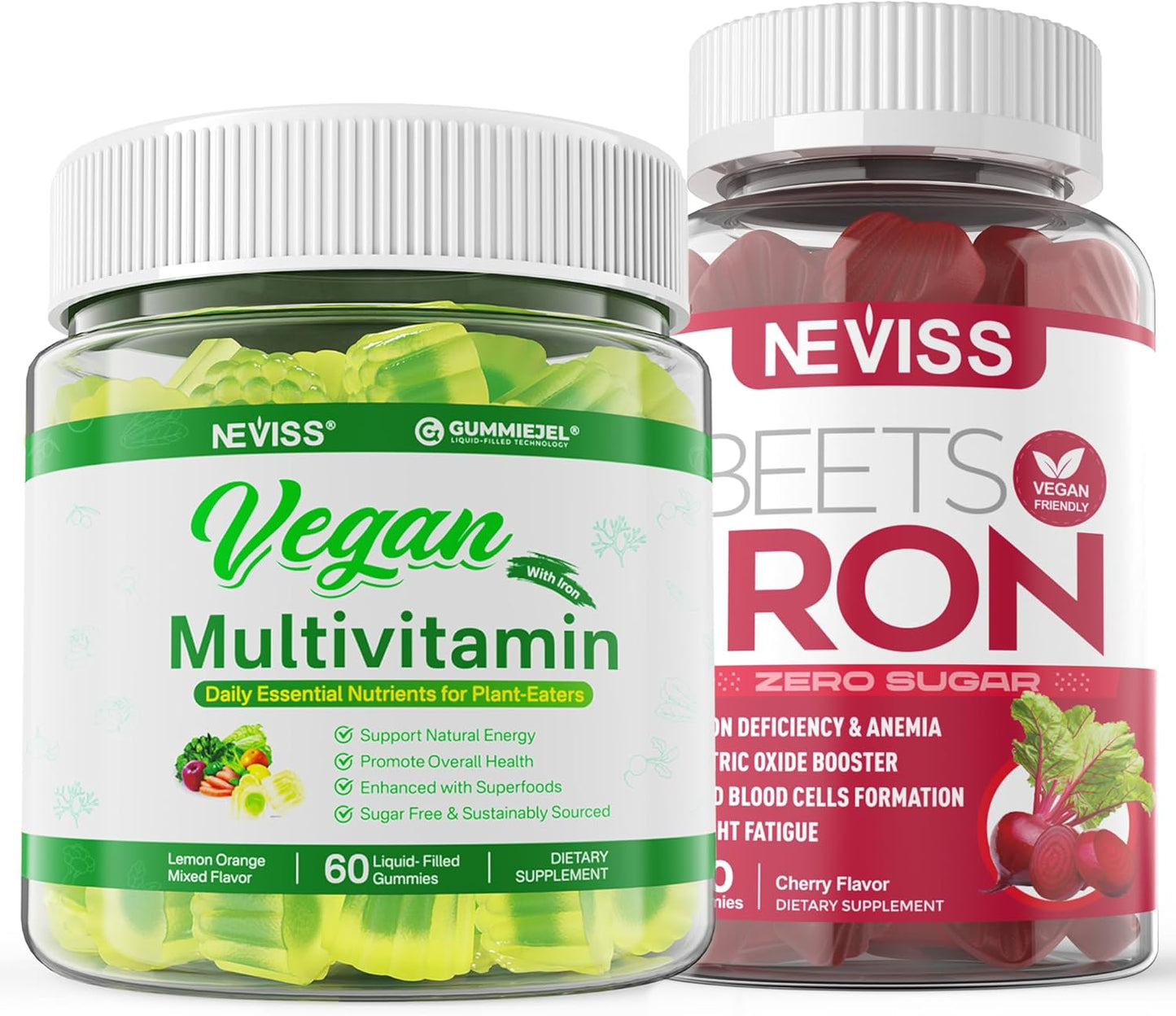 Vegan Iron Gummies with Multivitamin for Men and Women - Includes Iron, Vitamin B12, A, D3, K2, Omega 3, Magnesium, Zinc