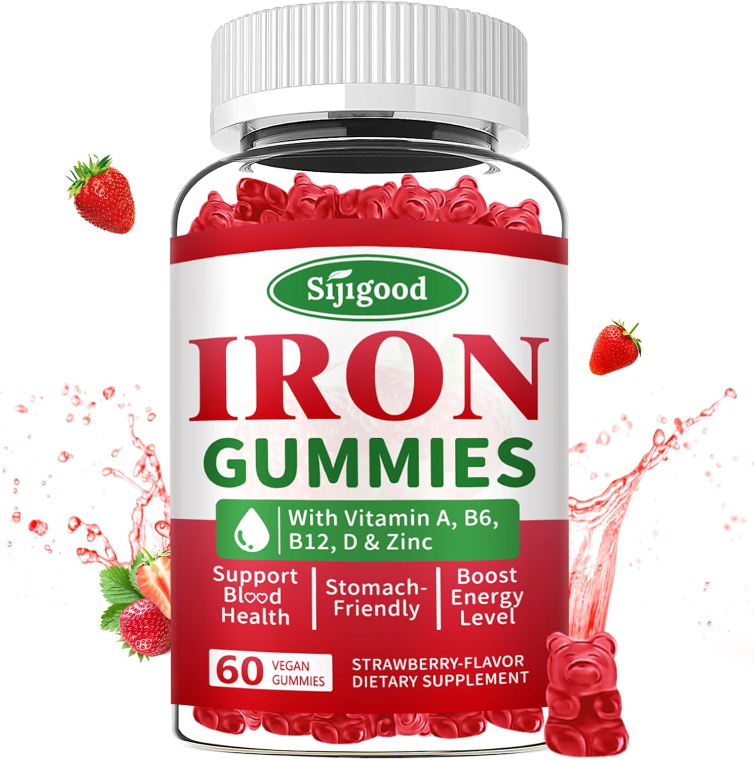 Vegan Iron Gummies with Vitamin B12, C, Zinc – Energy Boost Supplement for Anemia, Iron Deficiency – Strawberry Flavored, Sugar-Free – 60 Count