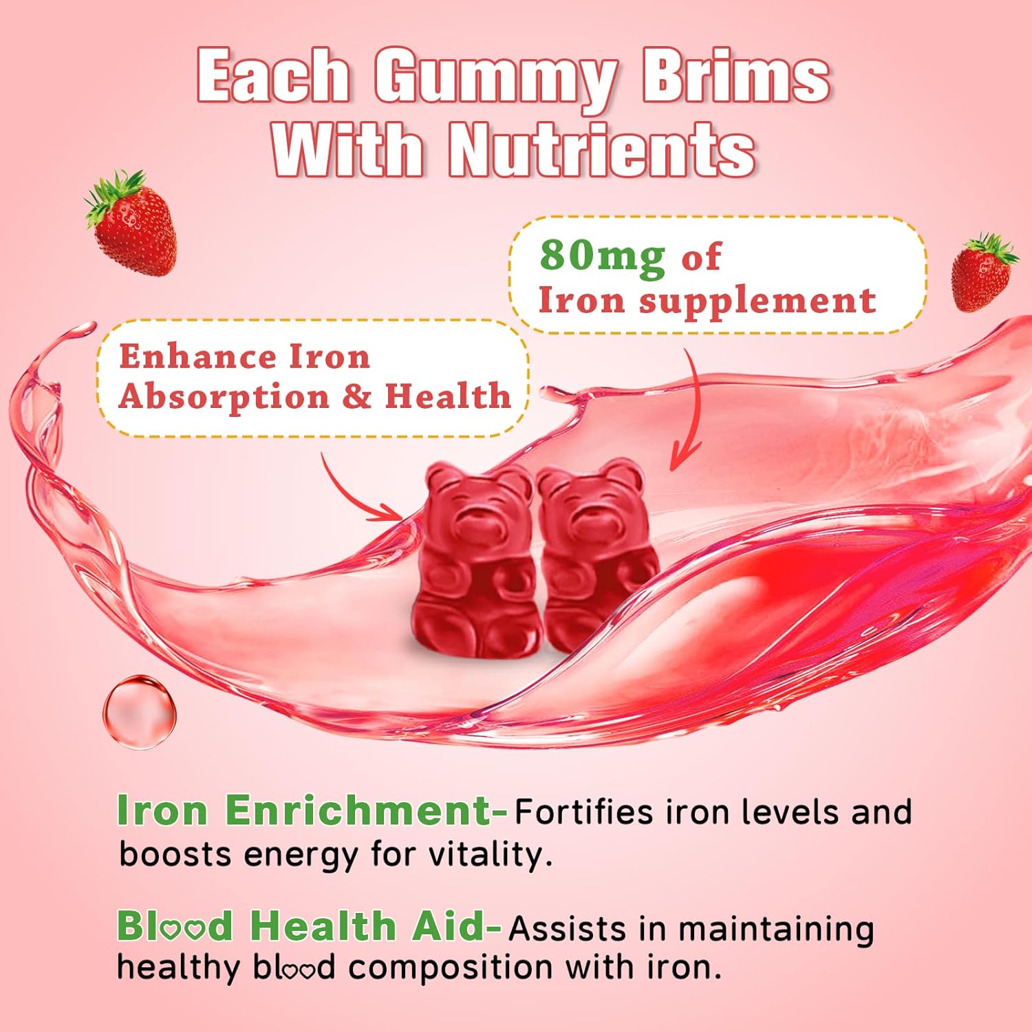 Vegan Iron Gummies with Vitamin B12, C, Zinc – Energy Boost Supplement for Anemia, Iron Deficiency – Strawberry Flavored, Sugar-Free – 60 Count