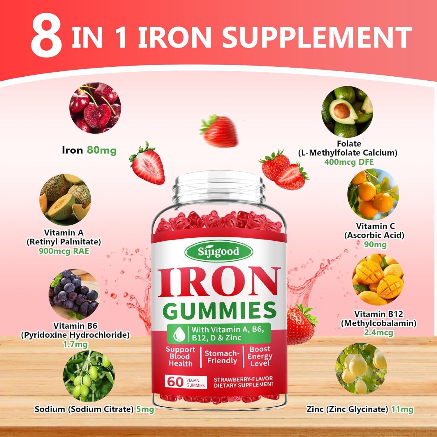 Vegan Iron Gummies with Vitamin B12, C, Zinc – Energy Boost Supplement for Anemia, Iron Deficiency – Strawberry Flavored, Sugar-Free – 60 Count