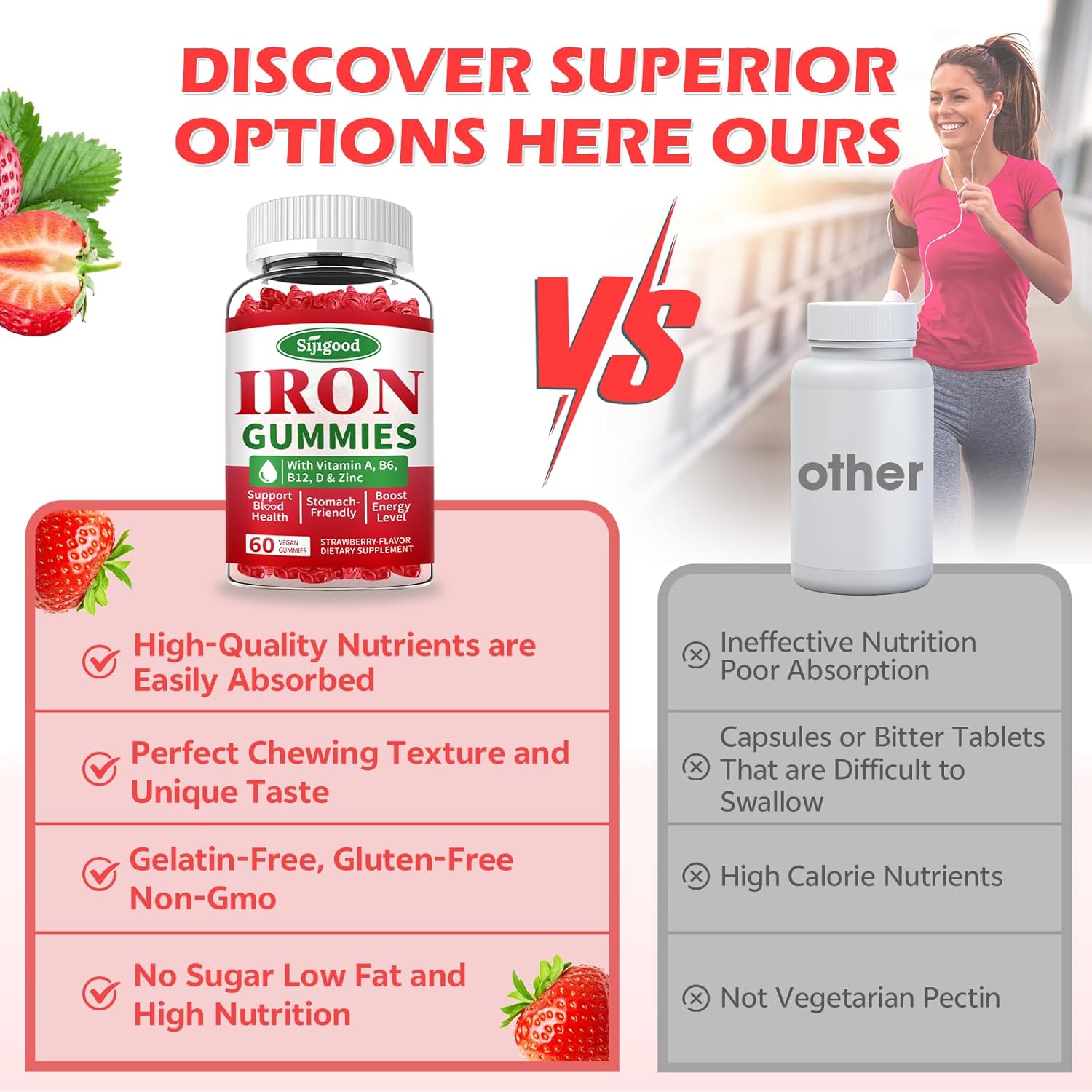 Vegan Iron Gummies with Vitamin B12, C, Zinc – Energy Boost Supplement for Anemia, Iron Deficiency – Strawberry Flavored, Sugar-Free – 60 Count