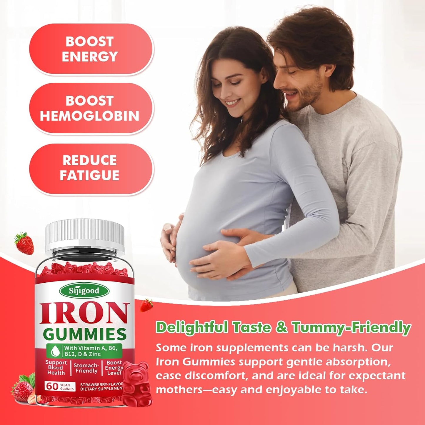 Vegan Iron Gummies with Vitamin B12, C, Zinc – Energy Boost Supplement for Anemia, Iron Deficiency – Strawberry Flavored, Sugar-Free – 60 Count