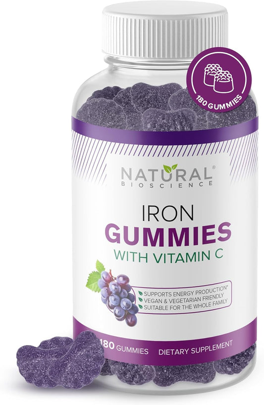 Vegan Iron Gummies with Vitamin C for Anemia Support - Chewable Supplement for Energy, Immunity, and Brain Health - Grape Flavor - 180 Gummies