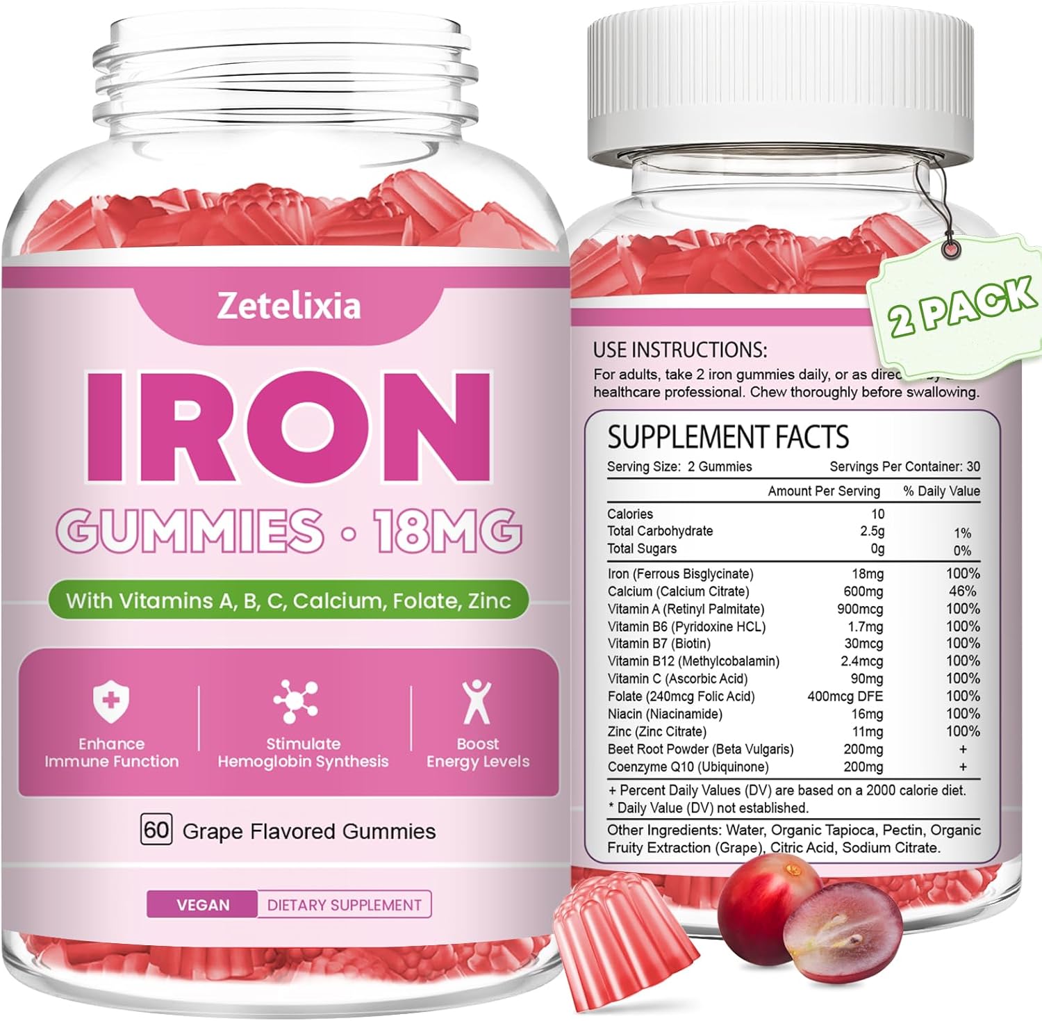 Vegan Iron Gummy Supplement 2 Pack for Energy & Anemia Support with Vitamin C, A, B Complex, Folate, Beet Root, CoQ10, Zinc - 120 Count
