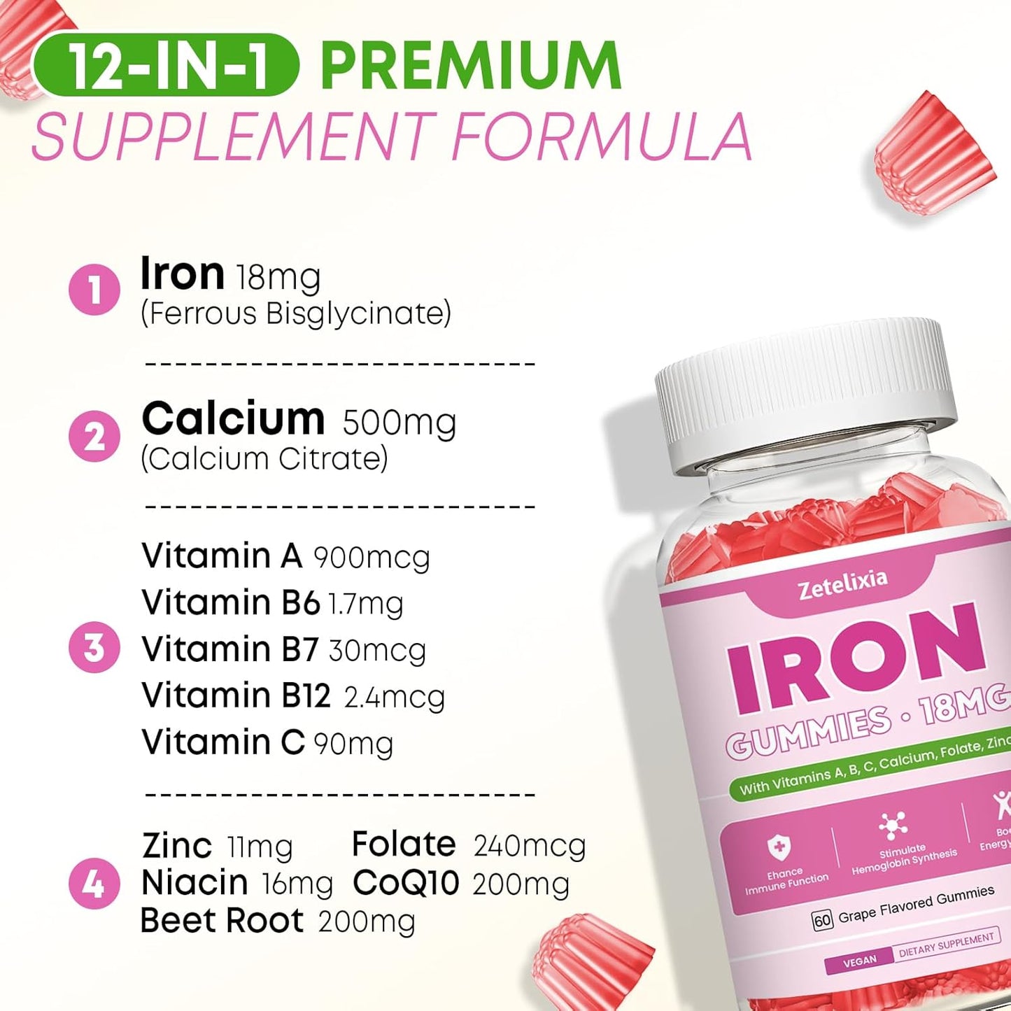 Vegan Iron Gummy Supplement 2 Pack for Energy & Anemia Support with Vitamin C, A, B Complex, Folate, Beet Root, CoQ10, Zinc - 120 Count