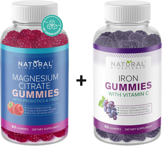 Vegan Iron & Magnesium Gummies with Vitamin C for Adults & Kids, 500mg, Sugar Free, Gluten Free, Non-GMO, Energy & Relaxation Support - 60 Gummy Vitamins