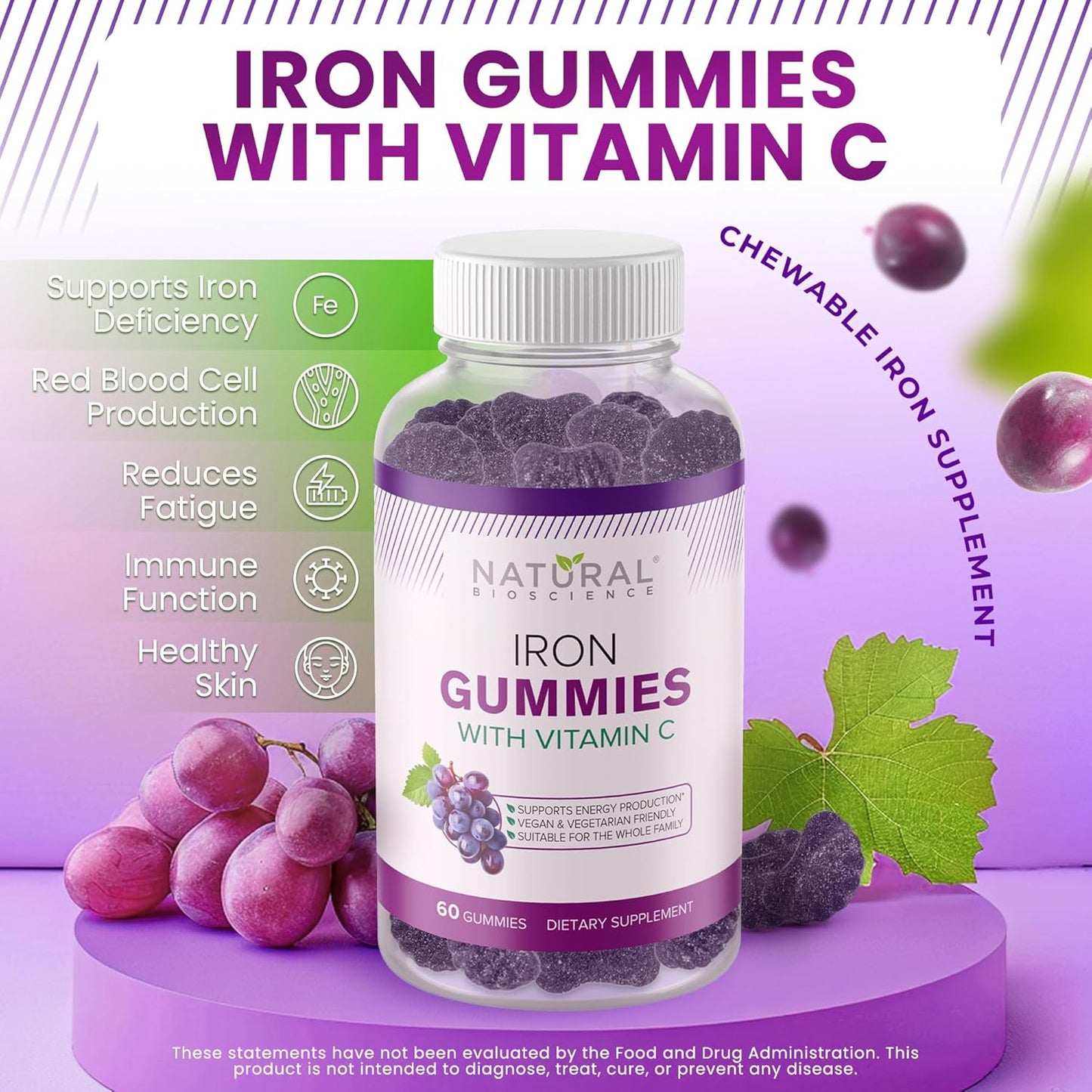 Vegan Iron & Magnesium Gummies with Vitamin C for Adults & Kids, 500mg, Sugar Free, Gluten Free, Non-GMO, Energy & Relaxation Support - 60 Gummy Vitamins