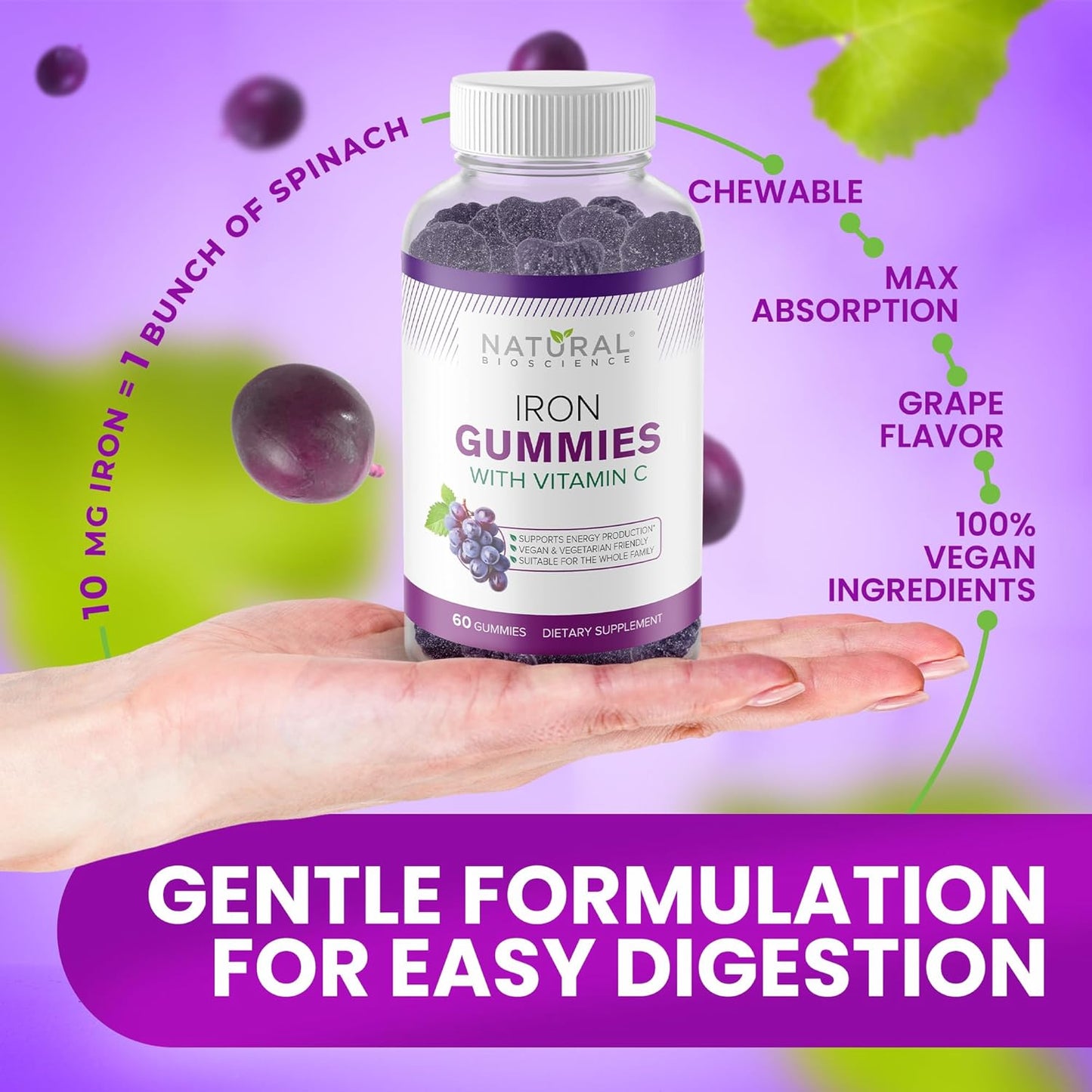 Vegan Iron & Magnesium Gummies with Vitamin C for Adults & Kids, 500mg, Sugar Free, Gluten Free, Non-GMO, Energy & Relaxation Support - 60 Gummy Vitamins