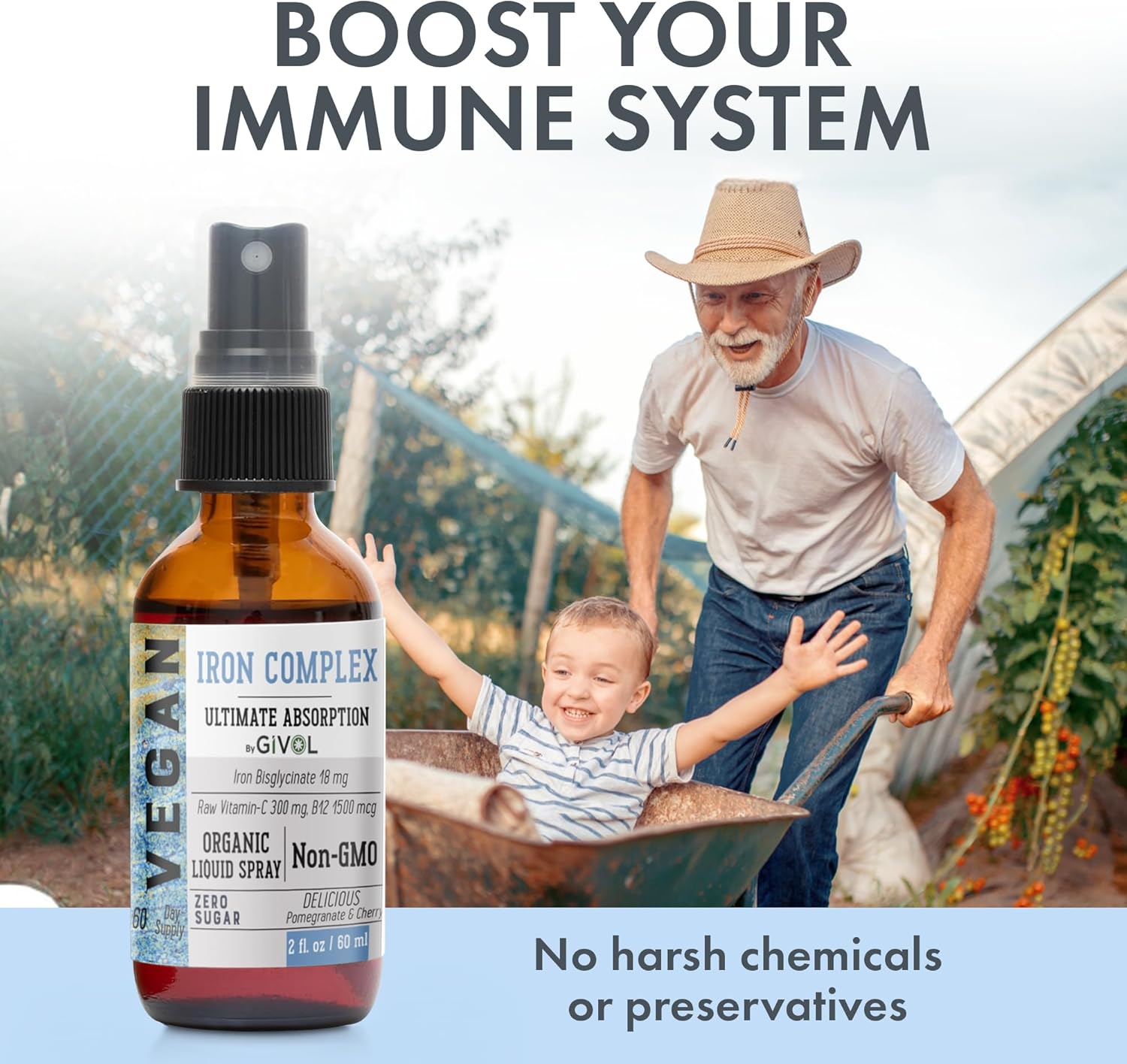 Vegan Iron Supplement Spray with Vitamin C & B12 for Energy & Immunity Boost - 18mg Bisglycinate Complex, Optimal Absorption - Non-GMO, Sugar-Free (60ml)