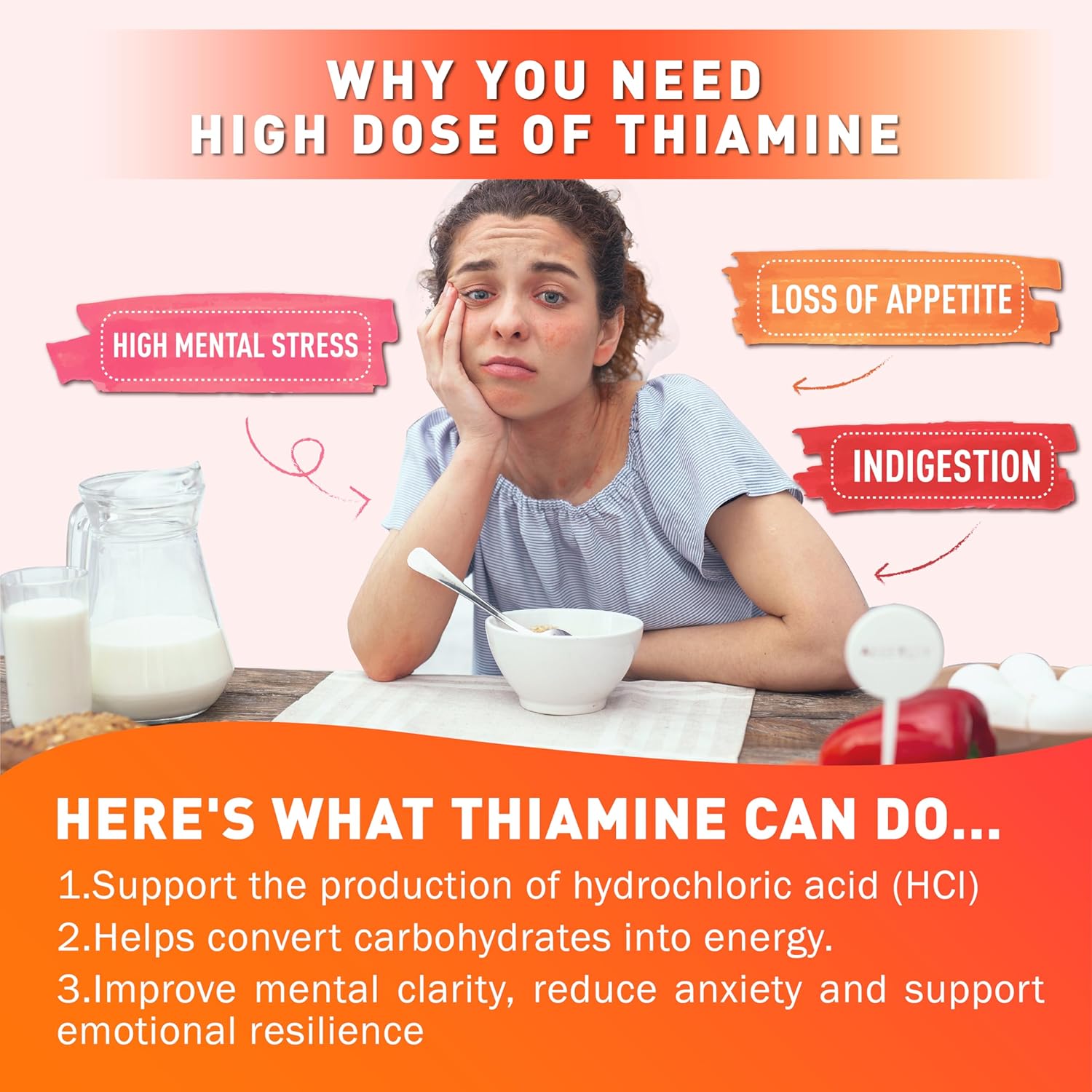 Vegan Joywiit Vitamin B1 Gummies 500mg with Calcium Citrate, Chewable Thiamine B1 Supplement for Adults, Natural Orange Flavor, Supports Nervous System