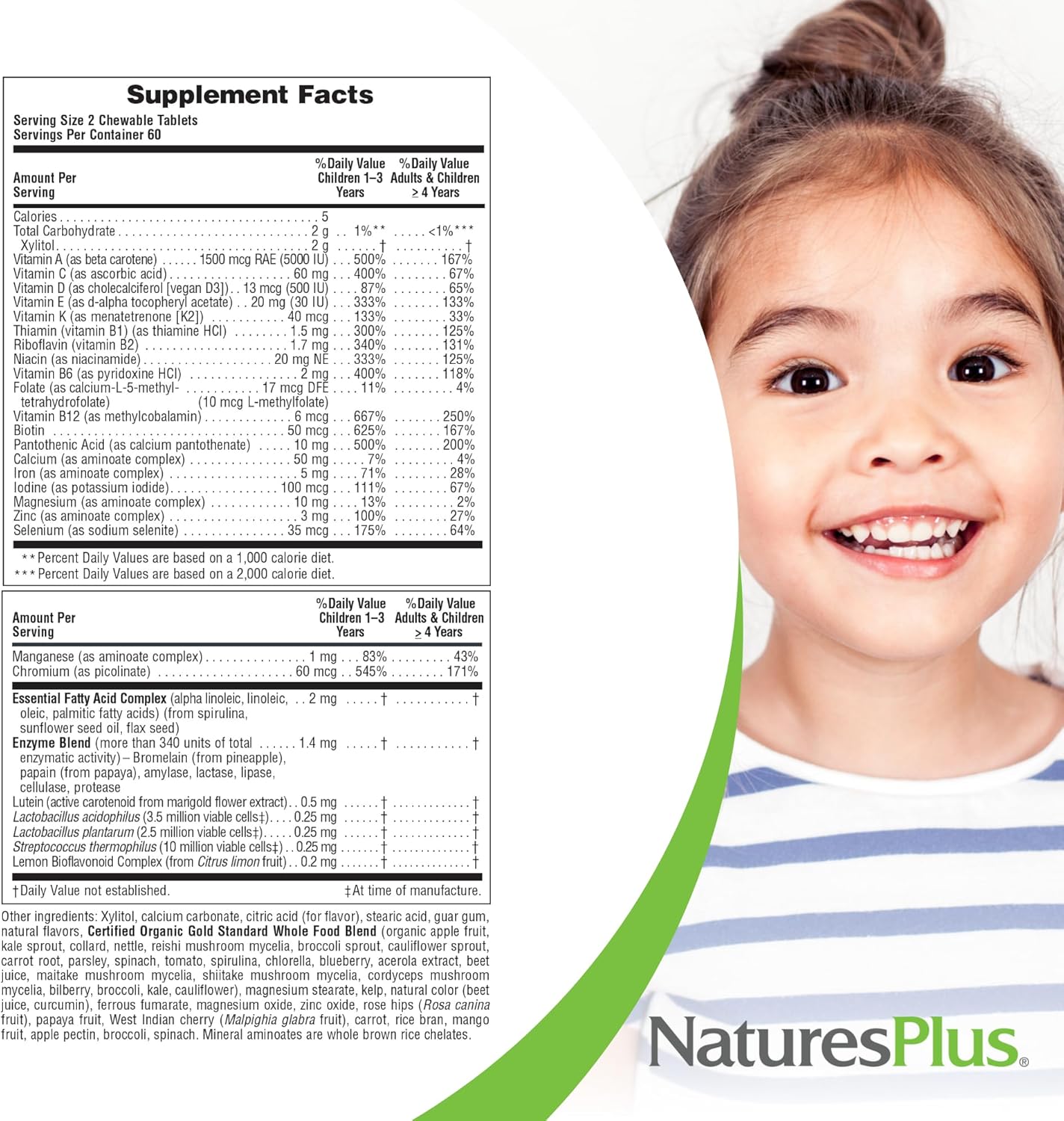 Vegan Kids Multivitamin Chewables with Vitamin D3, K2, Probiotics - Watermelon Flavor - 120 Animal-Shaped Tablets - Gluten Free - Natures Plus