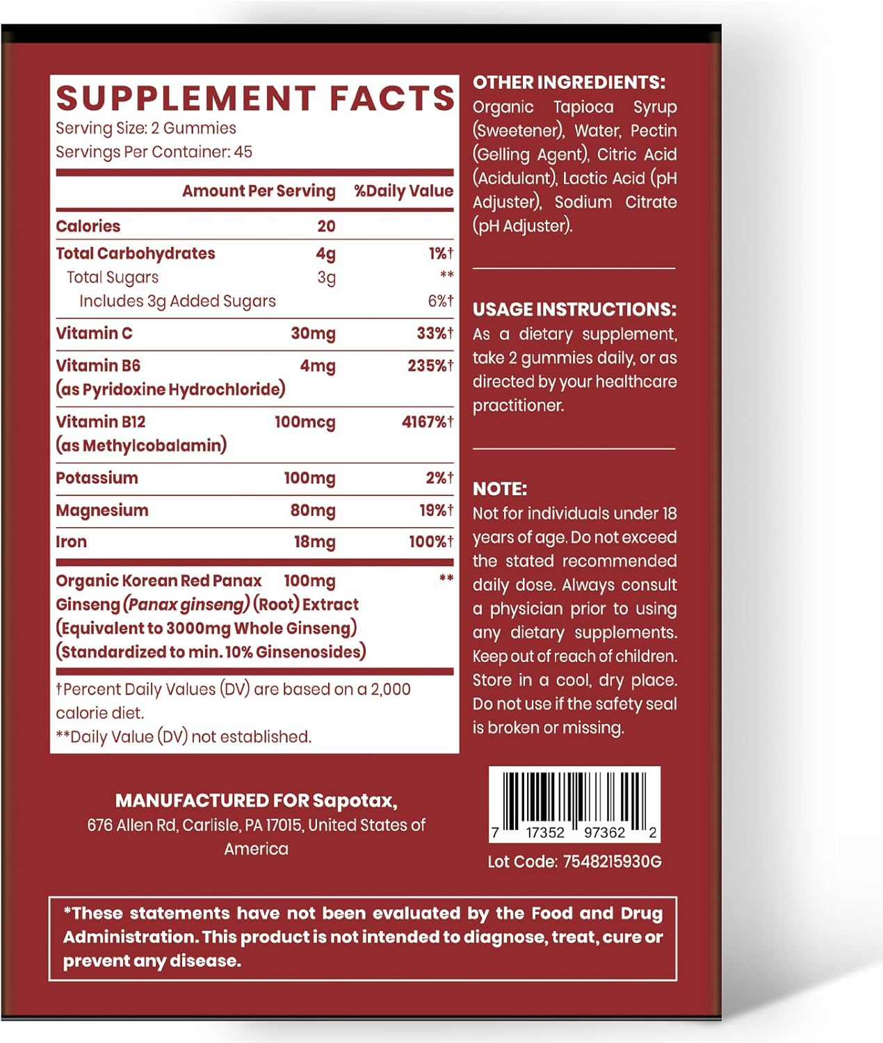 Vegan Korean Red Ginseng Gummies Supplement with Korean Red Ginseng Extract - 180 Count