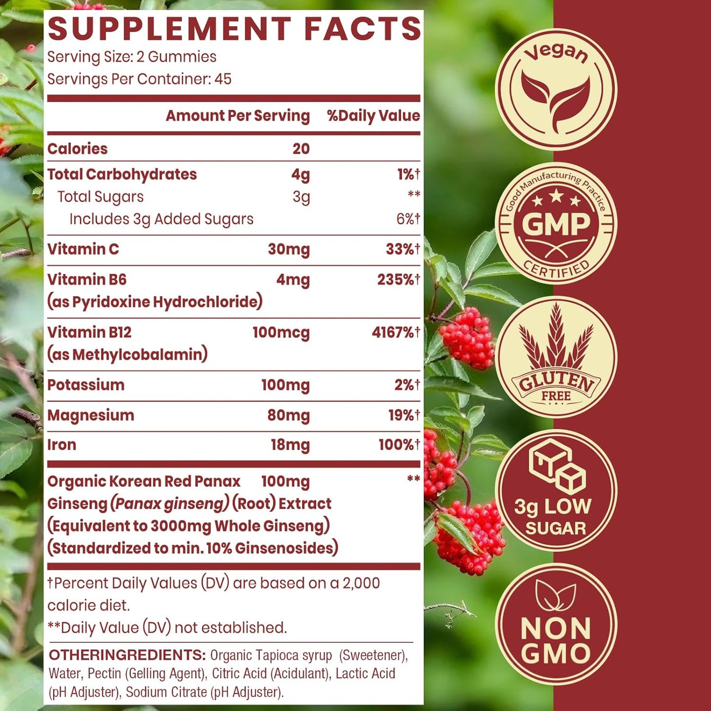 Vegan Korean Red Ginseng Gummies Supplement with Korean Red Ginseng Extract - 180 Count