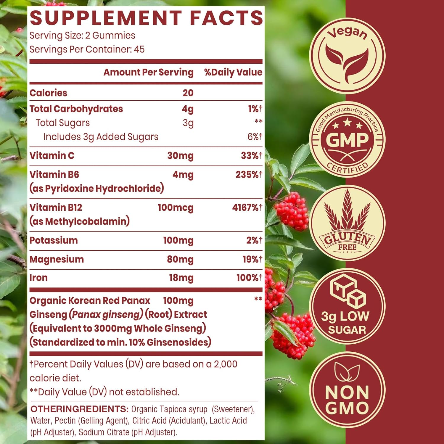 Vegan Korean Red Ginseng Gummies Supplement with Korean Red Ginseng Extract - 180 Count