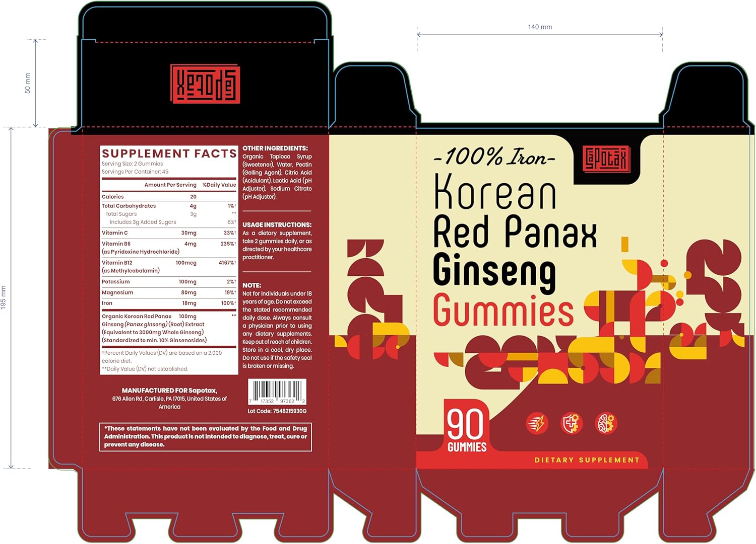 Vegan Korean Red Ginseng Gummies Supplement with Korean Red Ginseng Extract - 180 Count