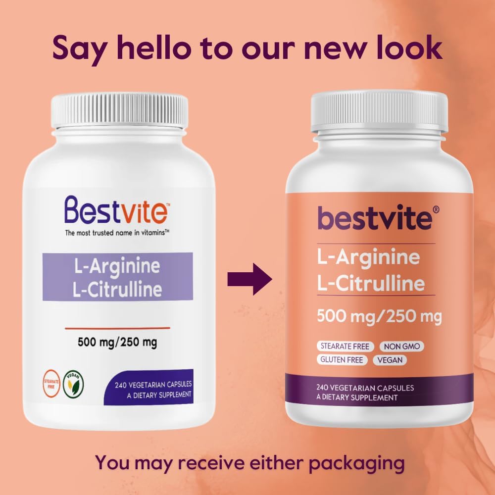 Vegan L-Arginine L-Citrulline Capsules 500mg/250mg (240 Vegetarian) - Non-GMO, Gluten-Free - No Fillers, Bestvite