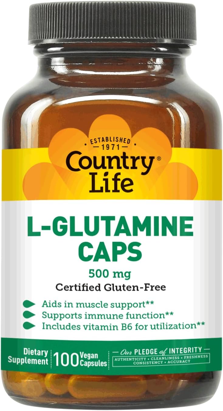 Vegan L-Glutamine 500 mg with B-6 - Amino Acid Supplement for Muscle & Gut Health - Gluten-Free & Kosher - High Absorption - 100 Capsules
