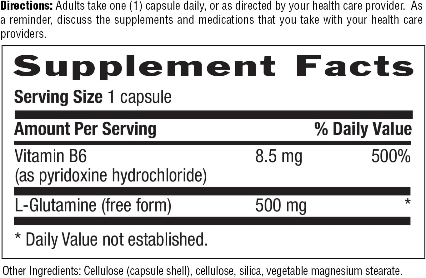 Vegan L-Glutamine 500 mg with B-6 - Amino Acid Supplement for Muscle & Gut Health - Gluten-Free & Kosher - High Absorption - 100 Capsules