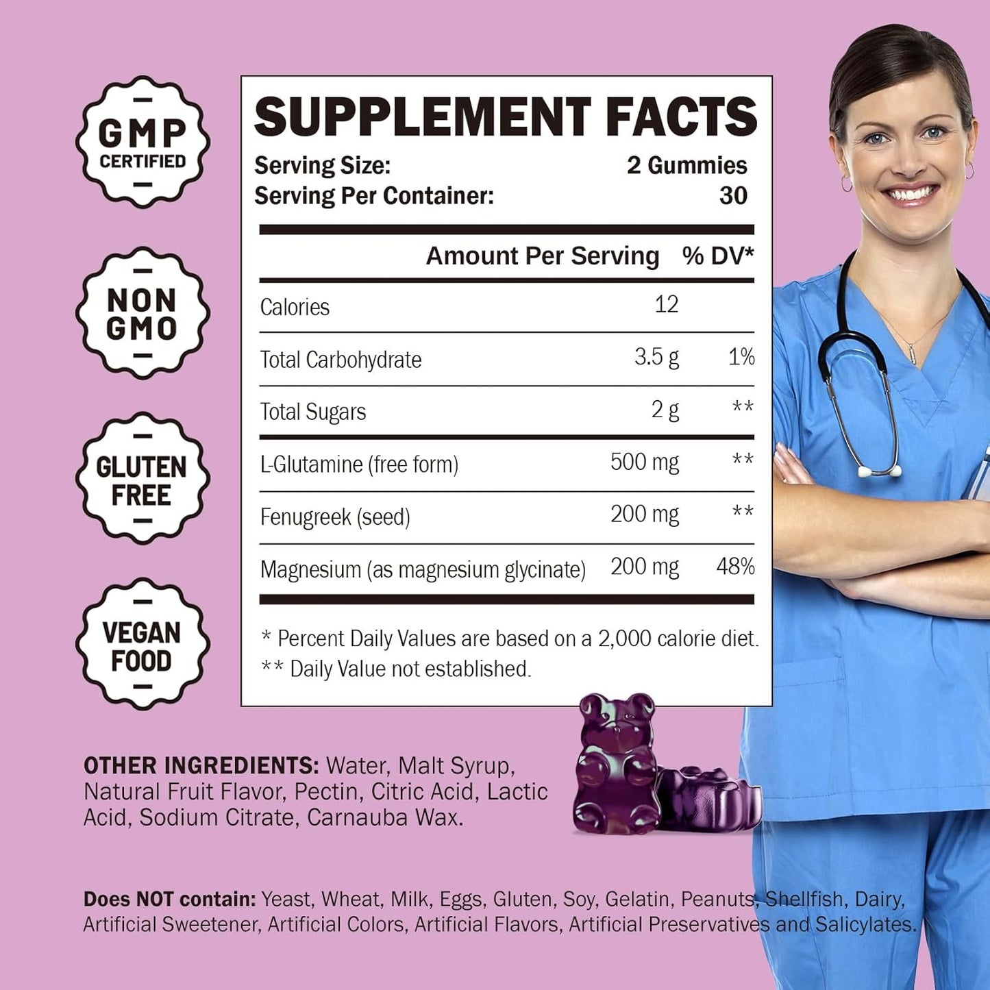 Vegan L Glutamine and Magnesium Glycinate Gummies for Muscle and Joint Support, Organic and Non-GMO