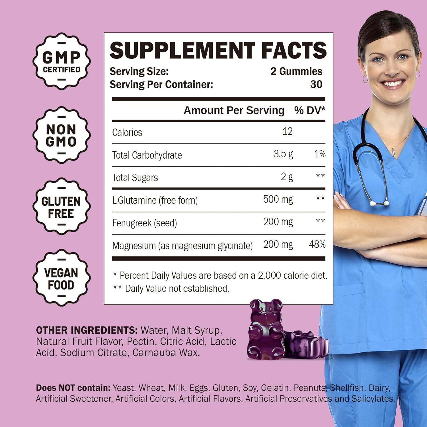 Vegan L Glutamine and Magnesium Glycinate Gummies for Muscle and Joint Support, Organic and Non-GMO