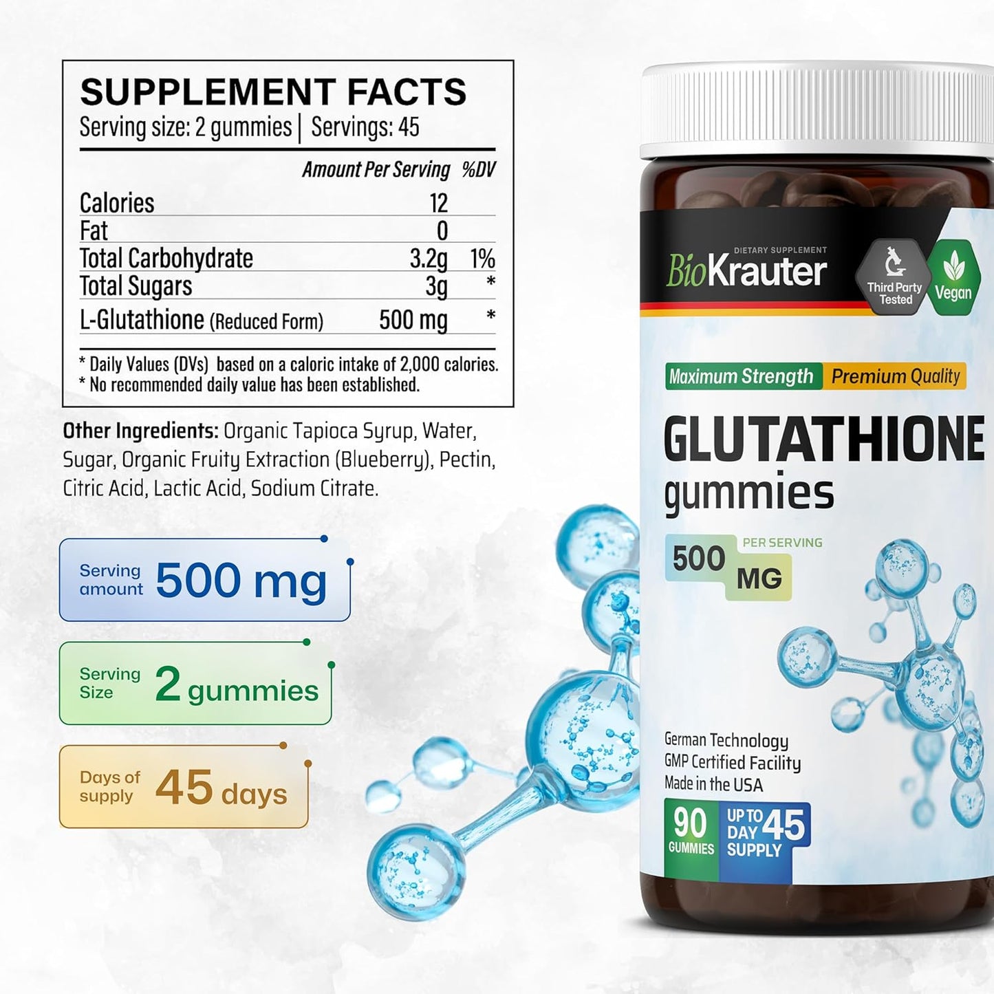 Vegan L-Glutathione Gummies - 500 mg - 90 Chews - Liver Detox, Immune & Skin Support - Antioxidant Supplement