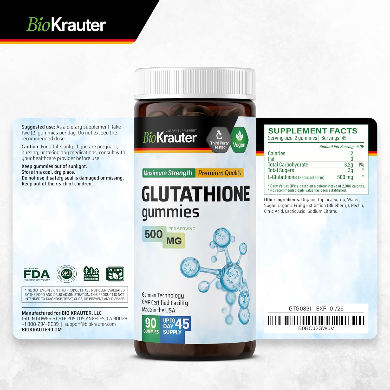 Vegan L-Glutathione Gummies - 500 mg - 90 Chews - Liver Detox, Immune & Skin Support - Antioxidant Supplement