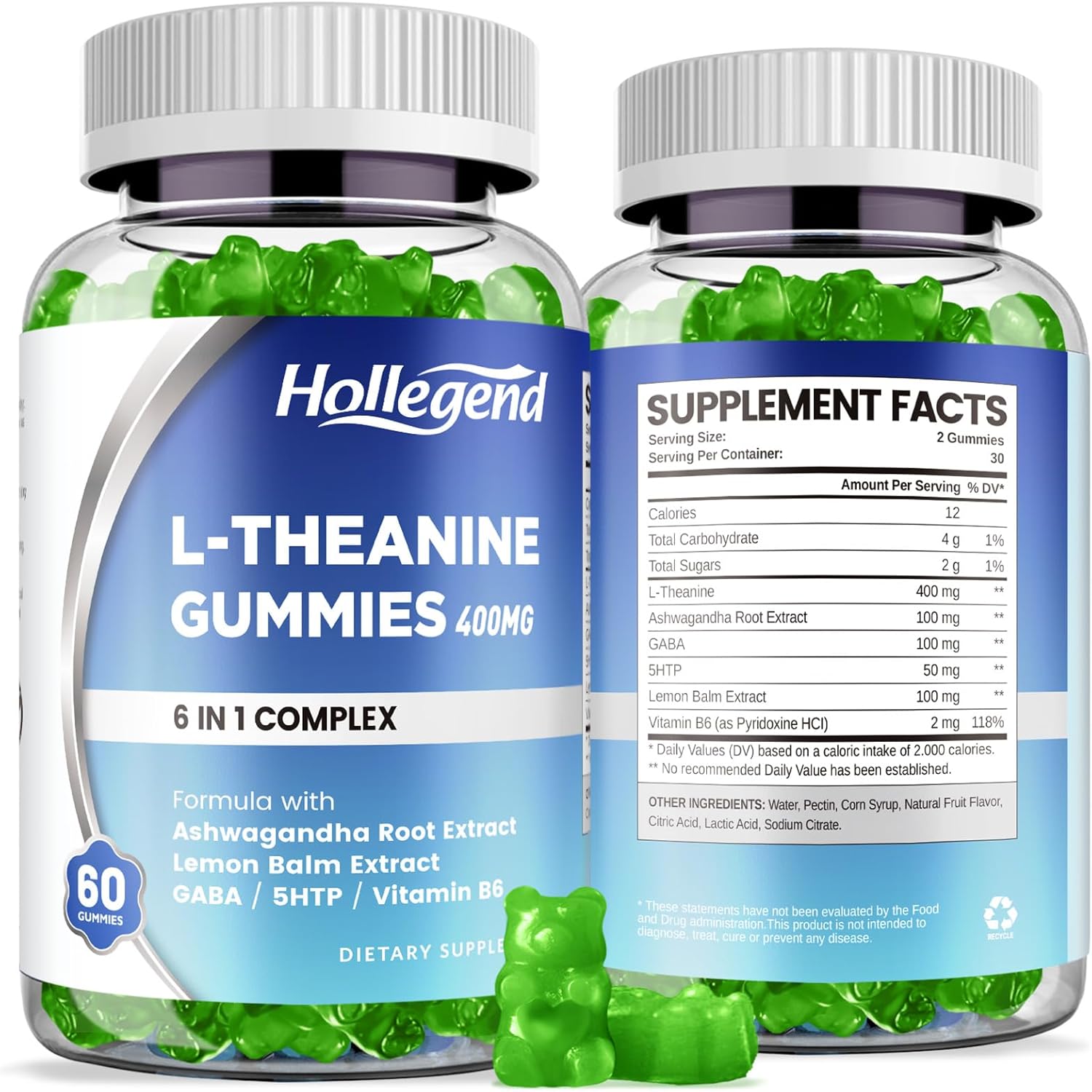 Vegan Lemon Flavored L-Theanine Gummies with Ashwagandha and GABA for Relaxation, Sleep, and Focus Support - 120 Count