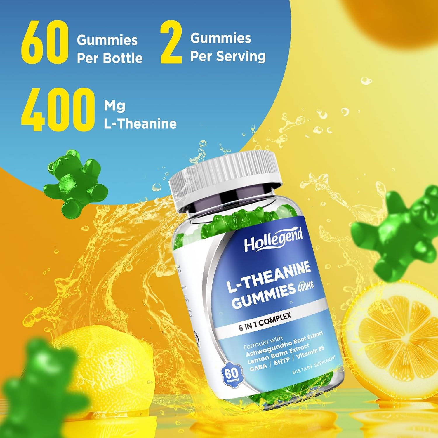 Vegan Lemon Flavored L-Theanine Gummies with Ashwagandha and GABA for Relaxation, Sleep, and Focus Support - 120 Count