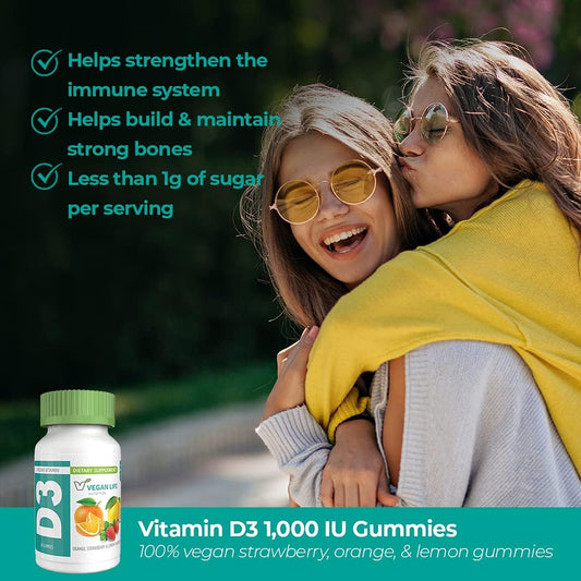 Vegan Life Nutrition Vitamin D3 Gummies - 1000 IU - Gluten-Free, Non-GMO - Bone Health & Immune Support - 60 Gummies