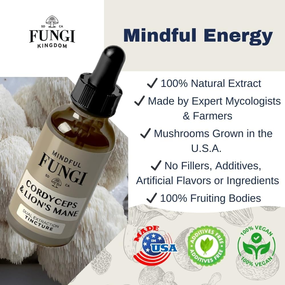 Vegan Lion's Mane and Cordyceps Mushroom Liquid Extract for Brain and Energy Support (1 Fl Oz)