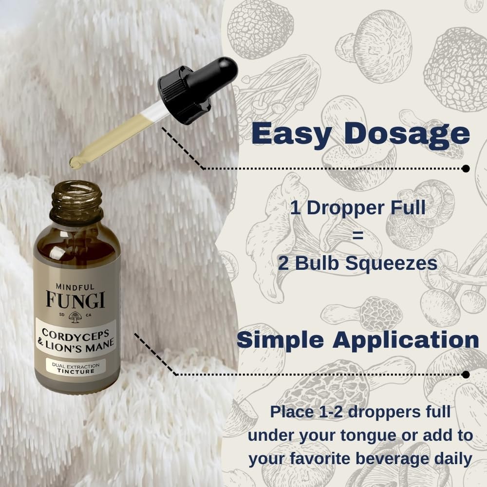 Vegan Lion's Mane and Cordyceps Mushroom Liquid Extract for Brain and Energy Support (1 Fl Oz)