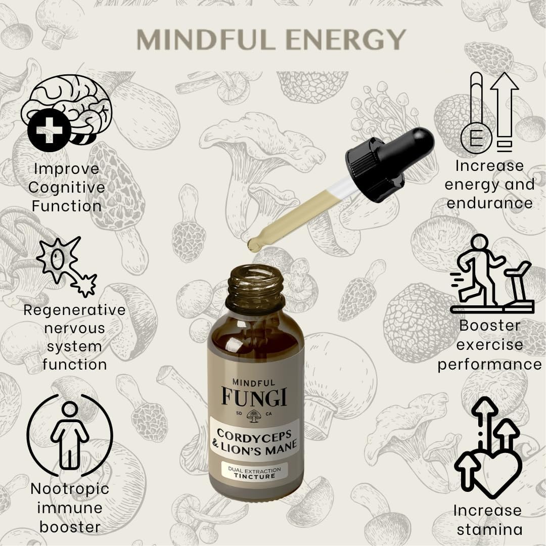 Vegan Lion's Mane and Cordyceps Mushroom Liquid Extract for Brain and Energy Support (1 Fl Oz)