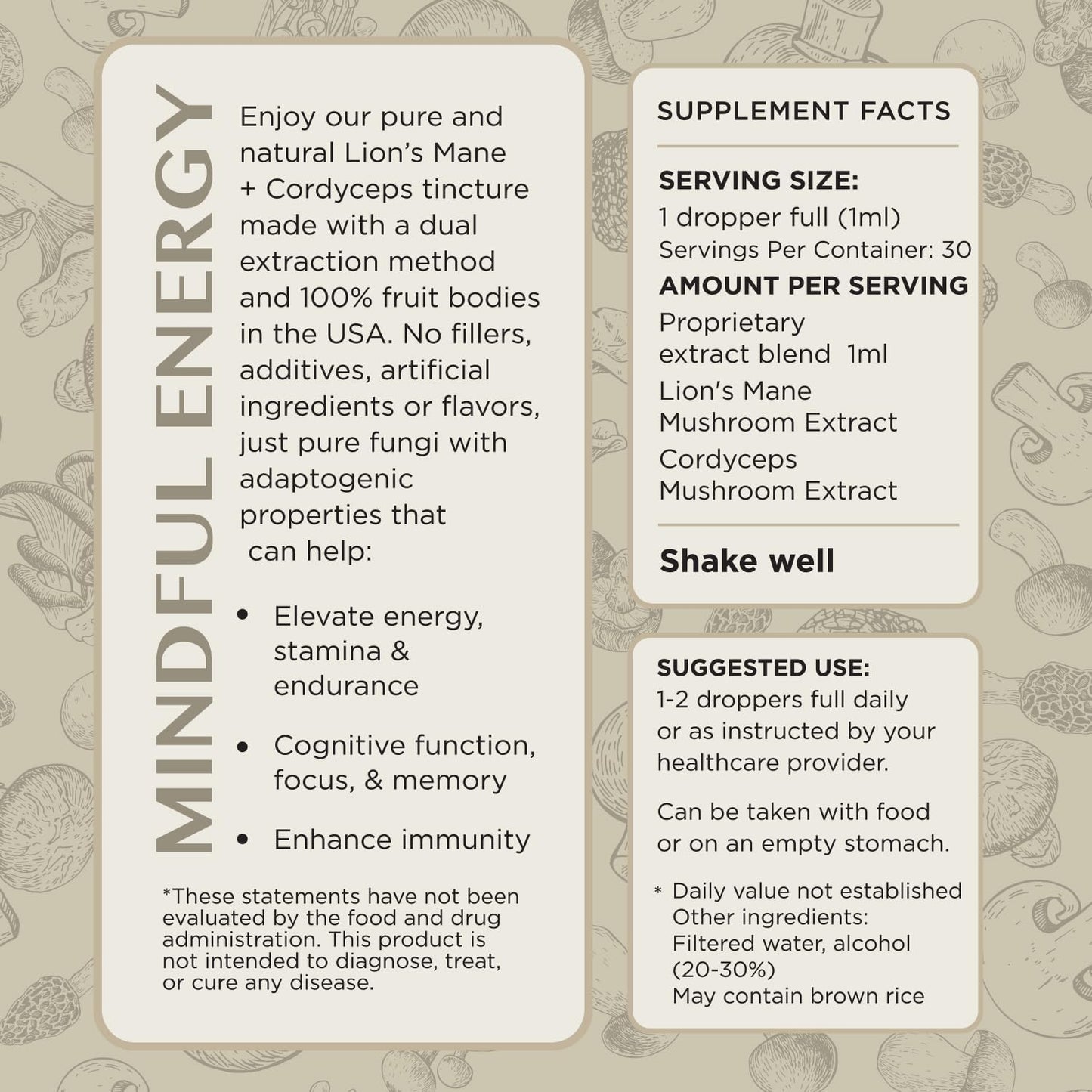 Vegan Lion's Mane and Cordyceps Mushroom Liquid Extract for Brain and Energy Support (1 Fl Oz)