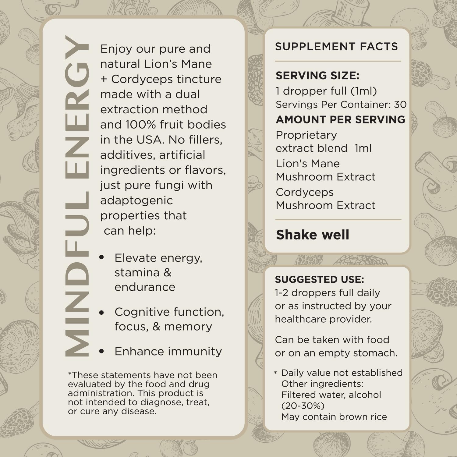 Vegan Lion's Mane and Cordyceps Mushroom Liquid Extract for Brain and Energy Support (1 Fl Oz)