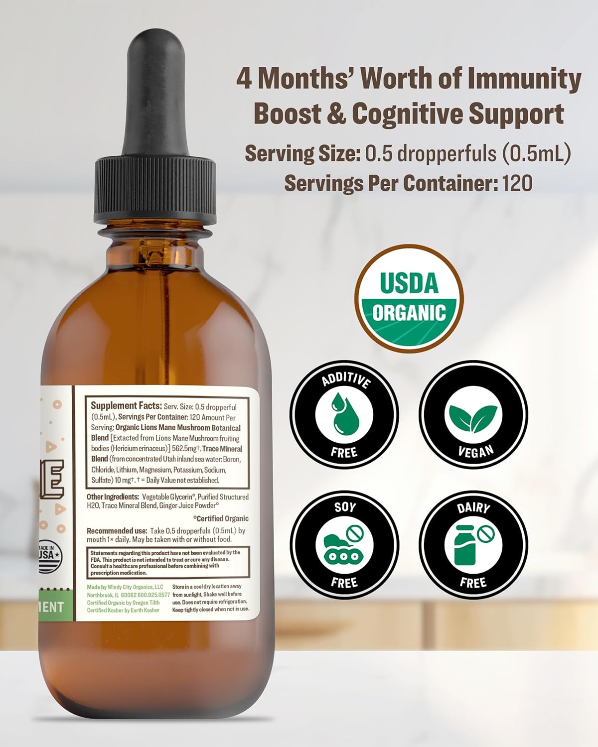 Vegan Lion's Mane Mushroom Tincture with Trace Minerals for Immunity & Brain - 120 Servings - Nano-Processed Cognitive Supplement