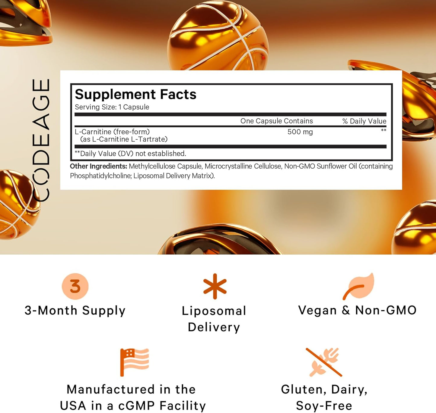 Vegan Liposomal L-Carnitine+ Supplement with 500mg L-Tartrate - Non-GMO, Gluten-Free, 90 Capsules