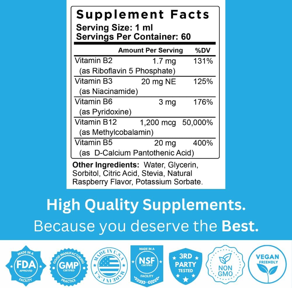 Vegan Liquid B Complex Vitamin Supplement for Energy Support - 2 Month Supply - Non-GMO - Gluten Free - 2 Fl Oz