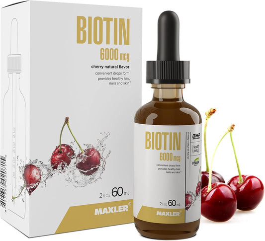 Vegan Liquid Biotin Drops for Hair, Skin, and Nails - 6000mcg per Serving - Cherry Flavor - Biotin Supplement for Metabolism of Nutrients