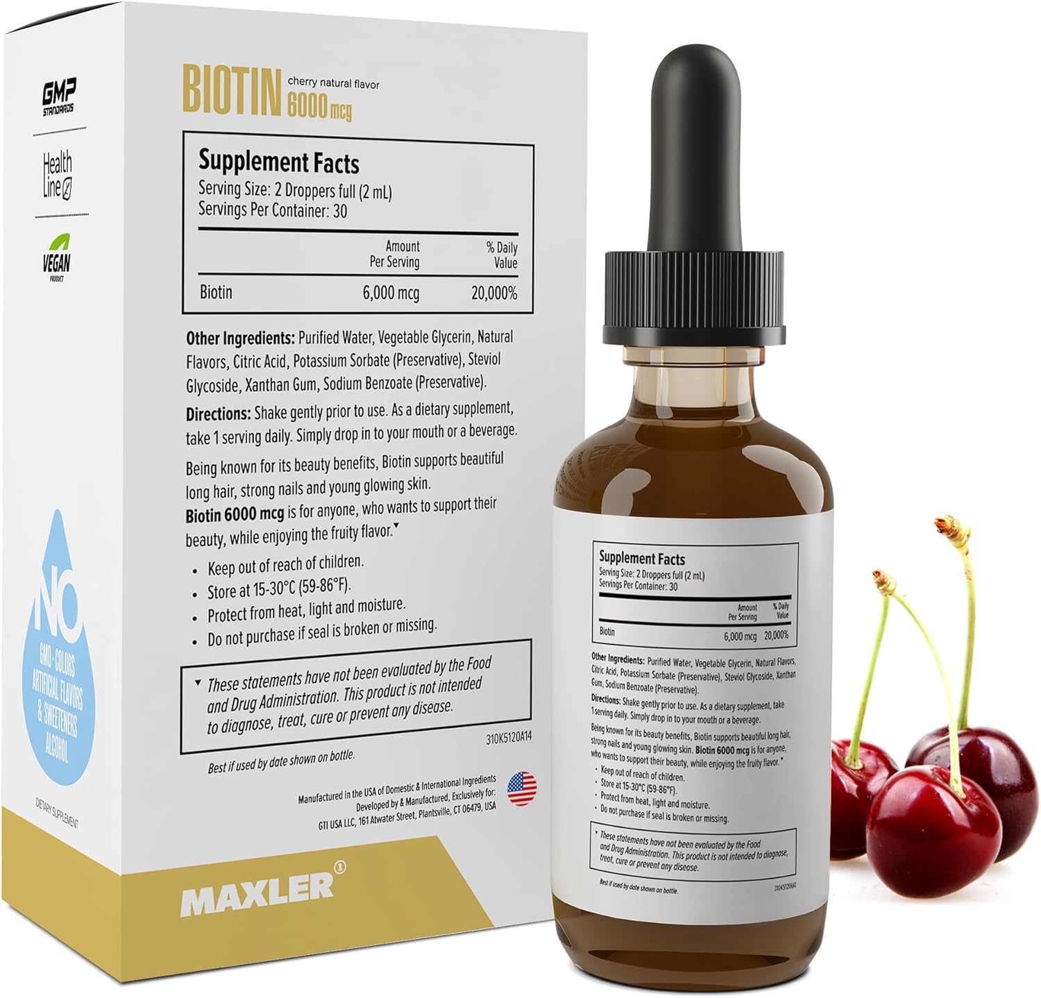 Vegan Liquid Biotin Drops for Hair, Skin, and Nails - 6000mcg per Serving - Cherry Flavor - Biotin Supplement for Metabolism of Nutrients