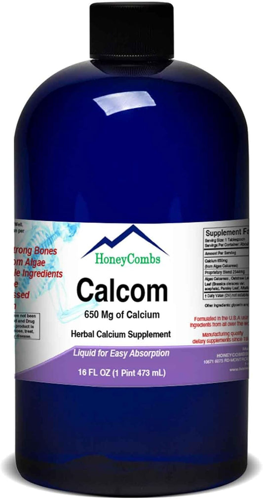 Vegan Liquid Calcium Supplement with Magnesium and Amino Acids for Bones and Teeth - Alcohol-Free 16 Oz Calcium Drops - Herbal Blend HoneyCombs Calcom Calcium Complex